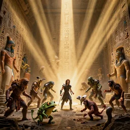 an 8 k hi res well lit dynamic volumetric lighting god rays 8 0 mm photo of hieroglyphics of zardoz and goku monsters and orcs and jim henson and hercules greek and roman mythology john snow game of thrones dragon psychedelic mushroom acid toad frog hog rat armor marvel iceland lemmings soldiers knights vikings king arthur maul horror zombie battle scene from the future year 3 0 3 5