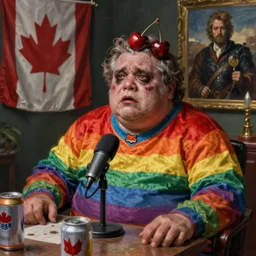 hyper realistic disgustingly sad portrait of a hugely fat ugly don cherry, don cherry old degenerate watching fox hockey fights, horror rainbow suit, alone recording podcast surrounded by beer cans, canada flag, portrait dnd, painting by gaston bussiere, craig mullins, greg rutkowski, yoji shinkawa