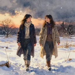 concept art, young girls walk through field, artstation, watercolor, late evening, wintry, snow