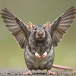 closeup zeiss 3 5 mm photo of a standing majestic rat, spread sparrow wings, wildlife photography