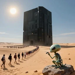 an enormous tall alien black geometric rectangle in the desert, a large line of people are walking toward it in a line! starting at the foreground and ending at the building, single file, in the foreground on a rock is an alien creature catching a fly with its tongue, two suns are in the sky, clear skies, volumetric light, hyperdetailed, artstation, cgsociety, 8k
