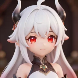 anime girl, 3 d rendered, red eyes, white haired, horn on head, cute