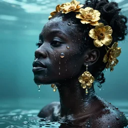 hyperrealistic precisionist cinematic profile very expressive! black oshun goddess, in water! up to shoulders, mirror dripping droplet!, gold flowers, highly detailed face, digital art masterpiece, smooth eric zener cam de leon, dramatic pearlescent turquoise light on one side, low angle uhd 8 k, shallow depth of field, documentary photography