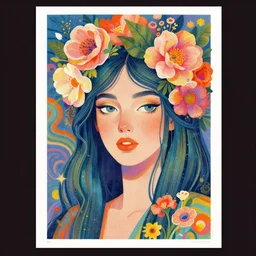 a painting of a woman with flowers in her hair, a storybook illustration by kilian eng, featured on behance, psychedelic art, digital illustration, storybook illustration, poster art
