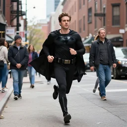 a man in a black super hero costume running in the streets of boston, high quality, by magali villeneuve and brom and artgerm and donato giancola