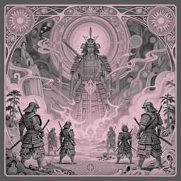 1975 a group of samurai fire fantasycore landscape, Precise and Intricate Linework, Art Nouveau Cosmic 4k Detailed Matte Illustration trending on IllustrationX ,CGSociety, Slate grey and Mauve color scheme, Pastiche by Stanisław Wyspiański, Pastiche by Pascal Blanché