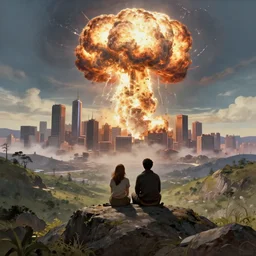 a couple sitting on top of a rock covered serene hillside watching a bright nuclear explosion nuclear explosion in a city with skyscrapers, a detailed matte painting by jullian onderdonk, apocalyptic art, sharp focus, cgsociety, fantasy art, cinematic, artstation hq, vfxfriday, dystopian art
