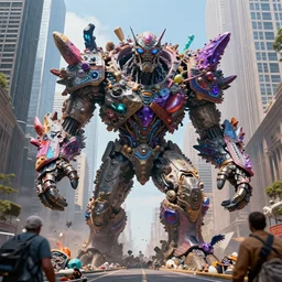 destructive giant mineral golem in the city, photorealistic, highly detailed, sharp focus, vivid, colorful, symmetrical, random, convoluted, mind - blowing, creative, fully functional, end of the world, physics defying, amazing, cool