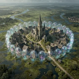 airborne view of a downtrodden medieval town by a river in a swamp with an energy field surrounding it, 4k, by Greg Rutkowski, fantasy, mix of celtic and Rus architecture, magic bubble barrier, cinematic