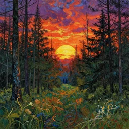 landscape forest sunset splash art graphic design color splash high contrasting art, fantasy, highly detailed, rule of thirds art by vincent van gogh and ohara koson