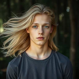 a breathtakingly beautiful young man with flowing blonde hair and amethyst eyes standing in a forest