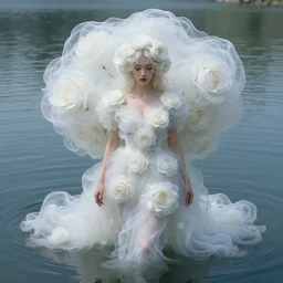 meredit frampton style : the goddess of the lake with a large magnificent vaporous wrapped hight decorated, detailed, white roses organze cotton dress, highly detailed, d & d, water everwhere fantasy, highly detailed, digital painting, trending on artstation, concept art, sharp focus, global illumination, ray tracing, illustration, art by artgerm, fine art