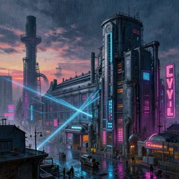 a beautiful hyperdetailed painting of military hospital city building industrial architecture by albrecht durer, cyberpunk cgsociety retro neon noir at dawn assassin's creed dramatic lighting elysian laser tokyo neon signs rainy crystal alien neptune synthwave, archdaily, wallpaper, highly detailed, trending on artstation.