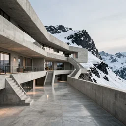 futuristic concrete hotel atrium, the hotel is on top of a black snowy mountain, the concrete structure has walkways, skybridges, stairways, polished concrete floors, depth of field, sharp focus, clear focus, beautiful, award winning architecture, hopeful, quiet, calm, serene, extremely beautiful lighting, cinematic composition by dennis villeneuve