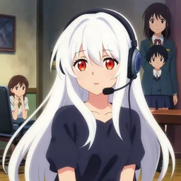 poster by ilya kuvshinov, yoh yoshinari, makoto shinkai, katsuhiro otomo, ( ( ( ( anime visual of a cute girl, with red eyes!!!!!! and long white hair!!!!!! wearing a headset in her room interior!!!!! ) ) ) )