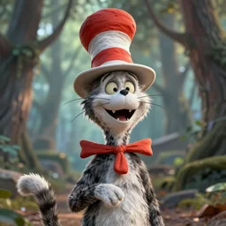 complex 3 d render, hyper detailed, ultra sharp, of the cat in the hat, scary, funny, cinematic, natural soft light, rim light, art by greg rutkowski and artgerm and craig mullins, dr seuss