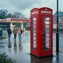 scenic view a telephone box on a rainy day, in the background a gas station, behance hd by jesper ejsing, by rhads, makoto shinkai and lois van baarle, ilya kuvshinov, rossdraws global illumination, 4 k artstation