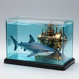 a glass rectangle box, in the front half is the front of a shark in water, in the back half is a steam punk engine