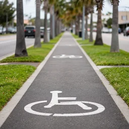 depth of field photo of sidewalk with bike path, palm trees, accessible for the disabled, by professional photographer, 8 k resolution, photo, high quality