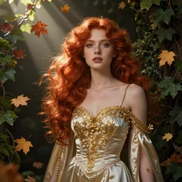 portrait of a red haired woman wearing a satin dress with gold filigree, autumn leaves falling, dramatic volumetric lighting, god rays, global illumination, soft, sharp focus, ivy, illustration, masterpiece, moss, trending on artstation, intricate concept art by artgerm and Greg Rutkowski and Alphonse Mucha