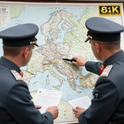 German High Command looking at a map in order to plan an offensive, detailed, realistic, 4k, HDR