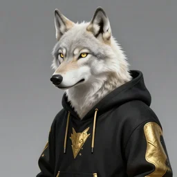 anthropomorphic albino wolf wearing a black and gold hoodie, highly detailed, artgerm style, artstation, soft light, sharp focus, illustration, character design, concept art