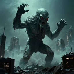 still image taken from sci fi horror movie of a cthulhu attacking a city. low camera angle. 1 9 6 0.