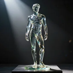 a statue of a beautiful young fit man made of transparent glass, on a pedestal, front view, full figure, by philippe starck and victoria hagan, cinematic lighting, sunrays from above, detailed digital photography by rutkovski and beksinski, masterpiece, gorgeous, 4 k