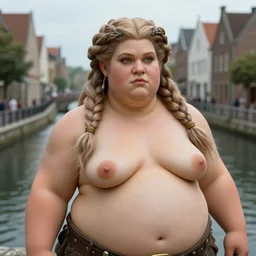 a chubby dwarven woman by a canal the middle of the city, by johan grenier, fantasy artwork, secret of mana, intricate braided hair, short plump figure, smooth, highy detailed face, centered, ultradetailed, 8 k, hd