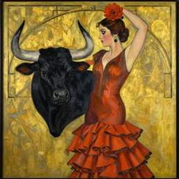 highly detailed art deco painting of flamenco dancer with a black bull head by tamara de lempicka