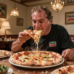 Papa John eating 50 pizzas a day, sweating out loads of pizza grease and disgusting oily greasy pizza grease grease sweat sweaty Papa John Papa John pizza everywhere all over the walls and the floor and the table and the lamp and chandelier, high quality photograph, well lit, detailed, hyperrealistic, hdr 4k, 8k, DSLR, 55mm