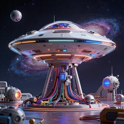 ultra detailed photorealistic the c 4 d render ufo, galaxy, cinematic light, glossy, cybernetic machines, cyber punk, colorful, wires, robotics, futuristic decor, trending on artstation, global illumination, ultra realistic illustration, matte painting, high detailed, unreal engine, octane render, 4 k, hd, high quality