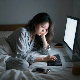 tired girl in pyjamas starting at computer, rings around eyes, messy unmade bed, phone in bed, early morning, digital art, drawing, artstation