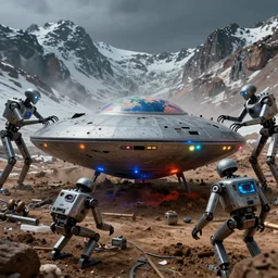 extreme close-up, high details, secret archeological digging site, old crashed ufo, all robots are half human, small colorful spotlights in the mamchines, a lot of snow realistic macro photograph of dystopian climate field robots working in Colorado mountains as the earth decays behind them, 8k, unreal 5 engine render, misty, dark, dry, Orwellian, vibrant colors, 25mm film grain Artwork by Simon Stålenhag