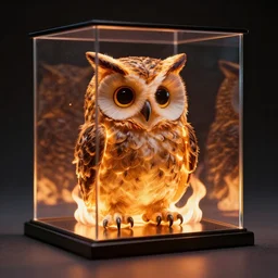 an owl in the shape of a cube, on fire, inside a glass box, hyperrealism photography cube shaped owl