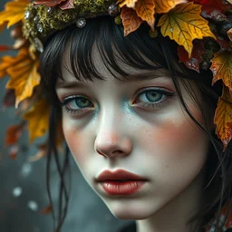 close - up portrait of singular beautiful girl by irakli nadar with intricate detailed color smashing fluid oil paint and acrylic, dried moss and dried autumn leaves headdress, melting wax, mycelia, abstract impressionism, ruan jia, fantasy, hyper detailed, concept art, by gustav klimt, 4 k, hd