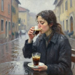 drinking coffe in the rain, oil paiting, italian city