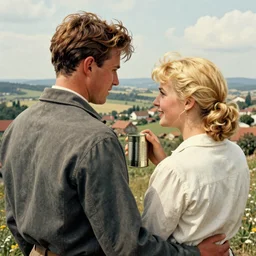 “stunning, highly detailed portrait, very detailed, couple, from behind, blonde, remote village, from side, holding tin can, color vintage magazine illustration 1950”