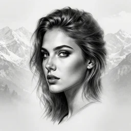 tattoo design sketch of a beautiful woman face with a stunning mountains faded background on her side, hyper - realistic, double exposure, in the style of matteo pasqualin, amazing detail, black and white, faded
