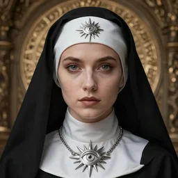 portrait of a nun with long black hair. She wear a silver detailed symetric amulet of a sun eye. Epic fantasy. beautiful. face symetric cinematic top lighting, insanely detailed and intricate, face by wlop, Charlie Bowater, golden ratio, symmetric, elegant, ornate, luxury, elite, matte painting, cinematic, trending on artstation, deviantart and cgsociety, 8k, high resolution