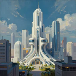 A painting by Marc Simonetti of a cyberpunk city of pristine colors and organic architecture
