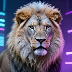 portrait of a beautiful cyberpunk albino lion, background with neon, digital art, highly-detailed, artstation, cgsociety