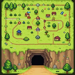 A cave with one entrance at the bottom, dnd map, pixel art