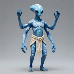bipedal alien with 4 arms in a loin cloth with blue skin covered in white ceremonial paint