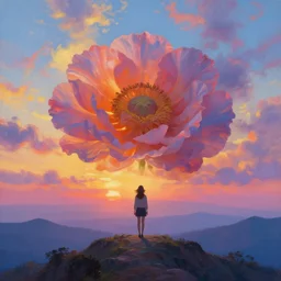 giant flower head, frontal, woman standing on mountain, surreal photography, sunrise, colorful clouds, impressionist painting, digital painting, artstation, rob gonsalves