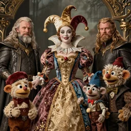 detailed ultrarealistic photography medium shot of fantasy jester queen and furry muppet puppet family leyendecker, norman rockwell, ian miller, artstation cinematic, vray game of thrones, lord of the rings, star wars