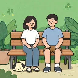 a man and a woman sitting on a bench surrounded by plants, a dog sleeping by their feet, cartoon,