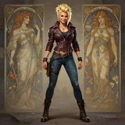 muscled blonde female punk wearing leather jacket and jeans, smirking, street background, full body shot, intricate, highly detailed, digital painting, artstation, concept art, matte, sharp focus, illustration, hearthstone, art by artgerm and greg rutkowski and alphonse mucha