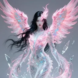 portrait of a translucent black haired woman with pink and blue flaming phoenix wings style of god of war, swarm of transparent glass shards, intricate, elegant, highly detailed, digital painting, artstation, concept art, smooth, sharp focus, illustration, art by artgerm and greg rutkowski and alphonse mucha, 8 k