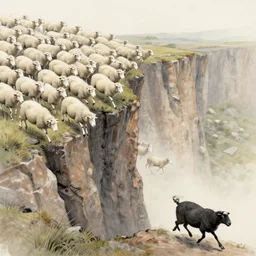 hundreds of white sheep running fast towards a cliff and falling down to the rocks below and one black sheep walking in the opposite direction going against the crowd, naturalistic sketching, wide shot